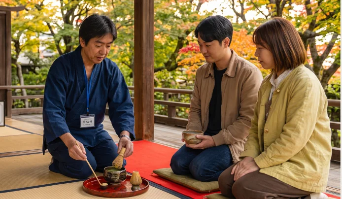 茶の体験をする韓国人旅行者と案内役