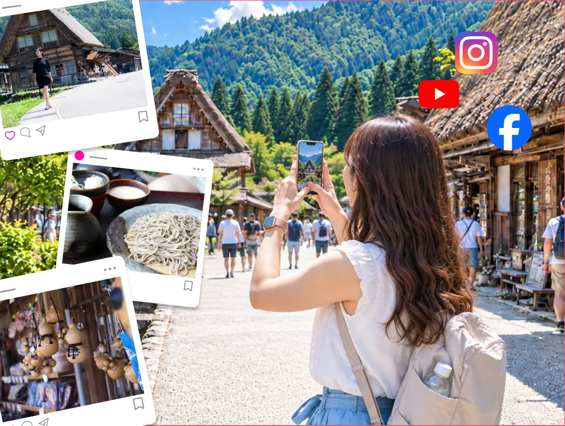 白川郷で写真を撮る旅行者とSNS投稿のイメージ