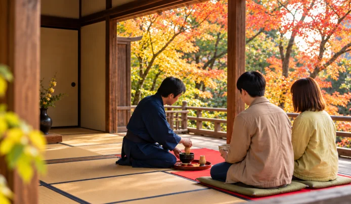 日本の茶室でお茶を体験する旅行者